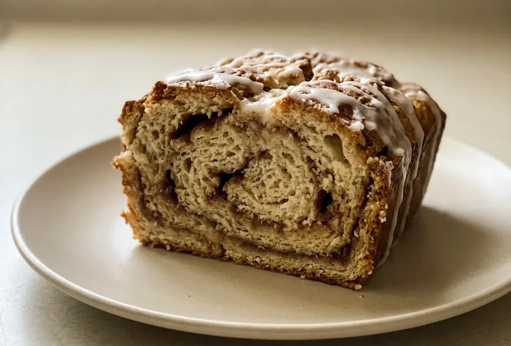 Overhead shot of a round loaf of cinnamon bread with a spiral of cinnamon sugar on top, sliced into wedges.