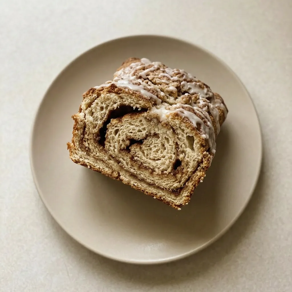 Plated slice of cinnamon bread with a butter pat melting on top, cinnamon sugar scattered around.