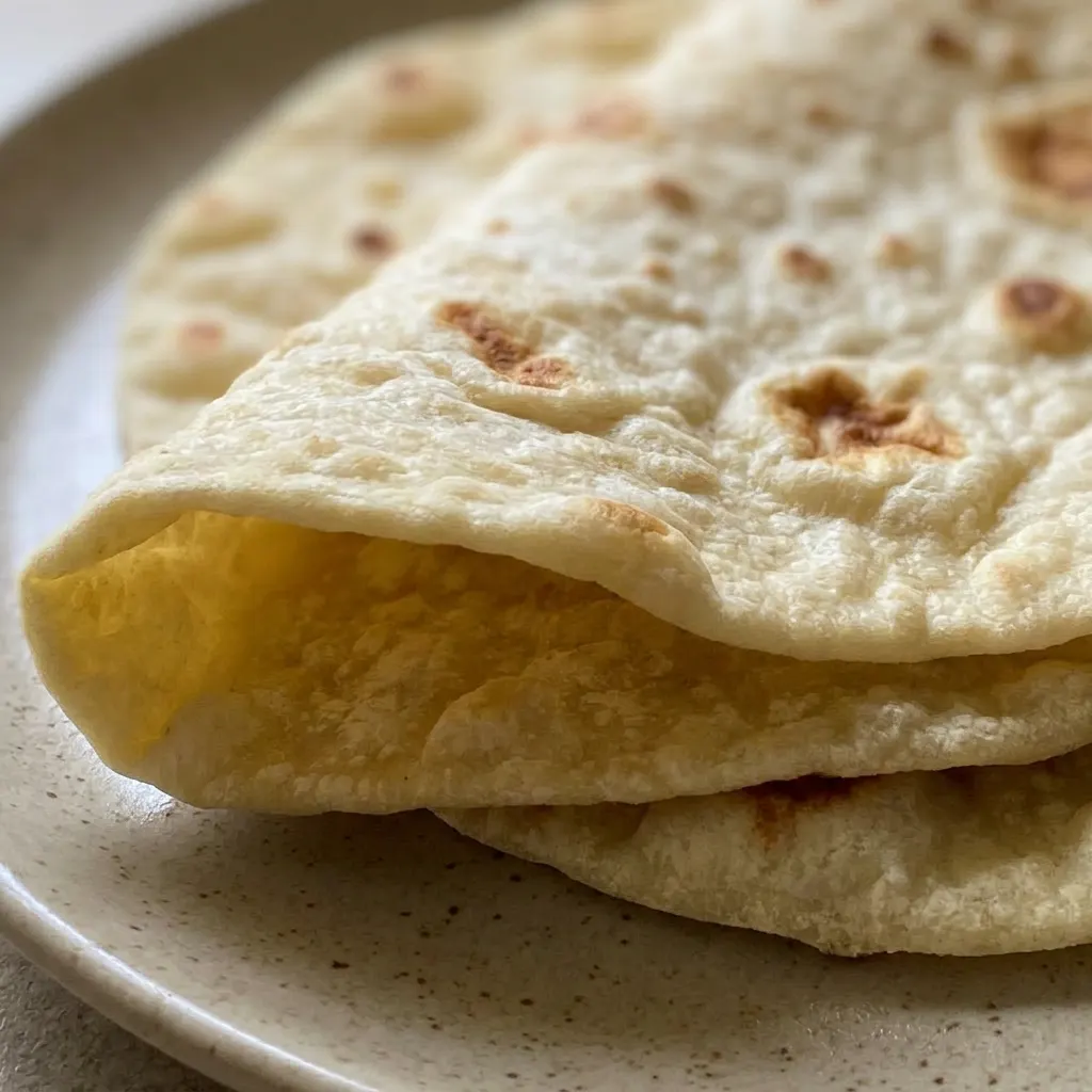Close view of a folded tortilla showing layers and a few salt crystals on the surface.