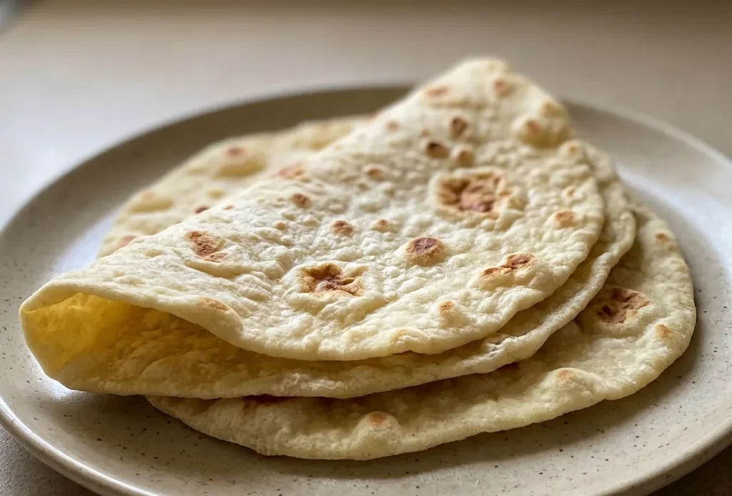 Overhead shot of two sourdough tortillas stacked, with visible char spots and a dusting of sea salt.