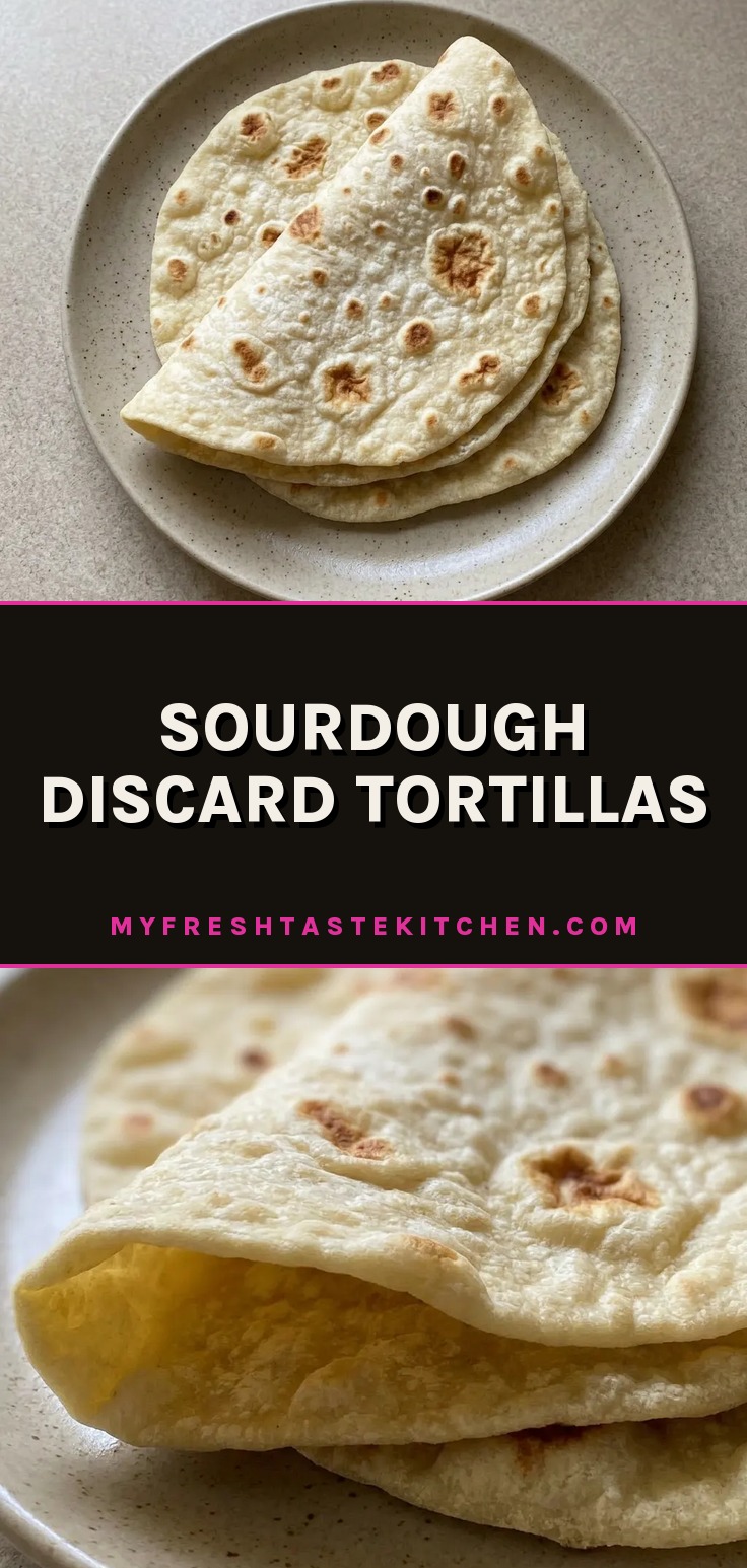 Overhead shot of two sourdough tortillas stacked, with visible char spots and a dusting of sea salt.
