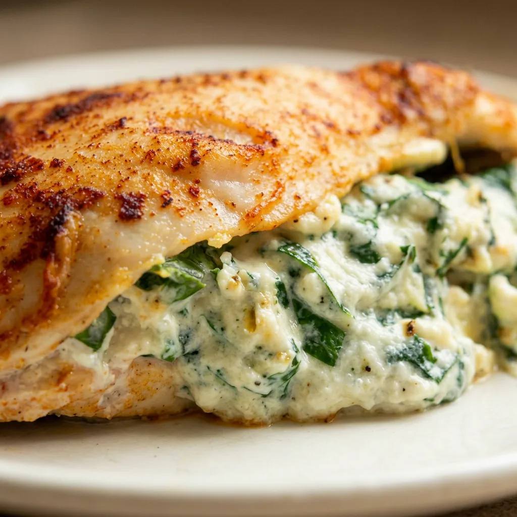 Zoomed in on a slice of chicken breast revealing creamy spinach and cheese filling, with a crispy golden crust.