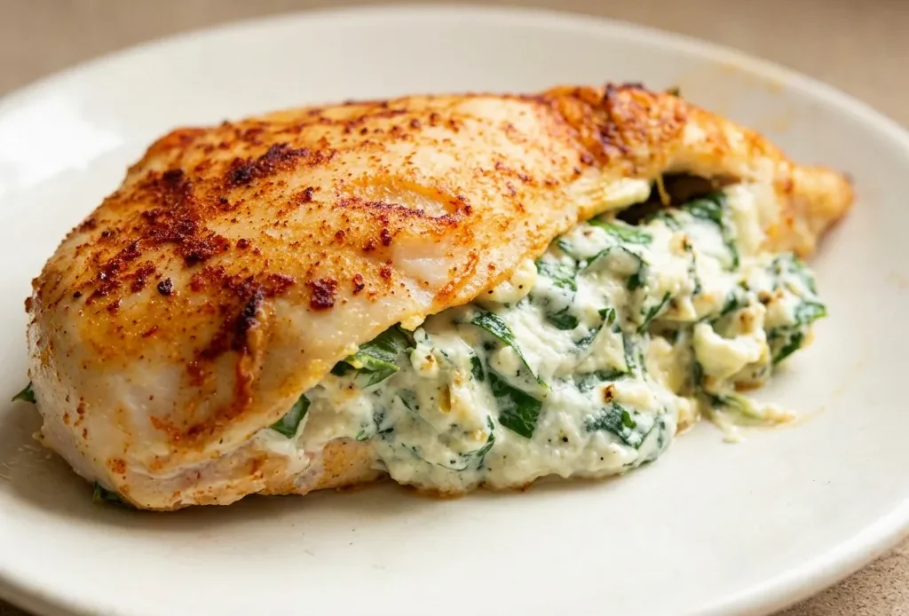 Bird's-eye view of two golden-brown chicken breasts stuffed with spinach and cheese, topped with melted Parmesan.