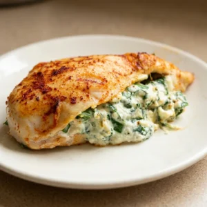 Bird's-eye view of two golden-brown chicken breasts stuffed with spinach and cheese, topped with melted Parmesan.