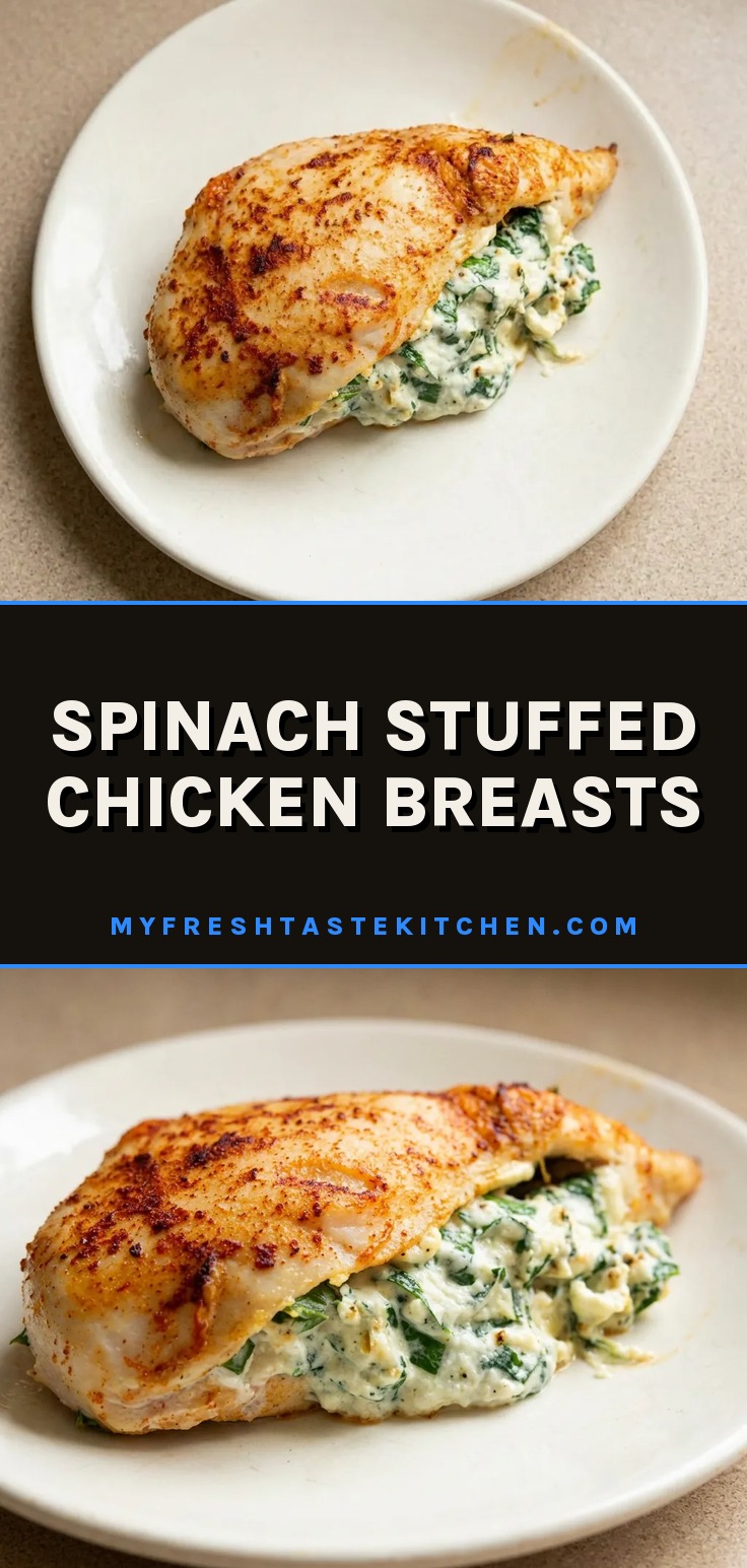 Bird's-eye view of two golden-brown chicken breasts stuffed with spinach and cheese, topped with melted Parmesan.