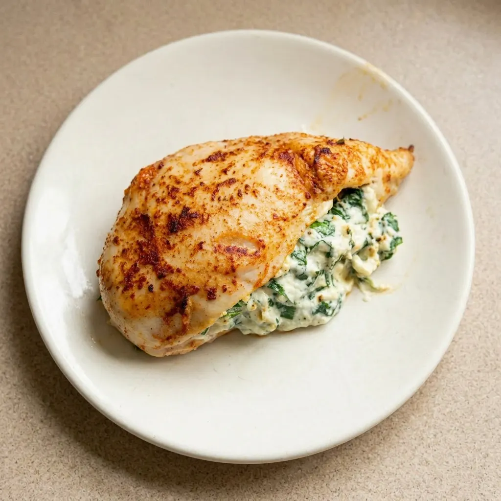 Ready to serve: two stuffed chicken breasts garnished with shredded Parmesan and fresh spinach leaves.