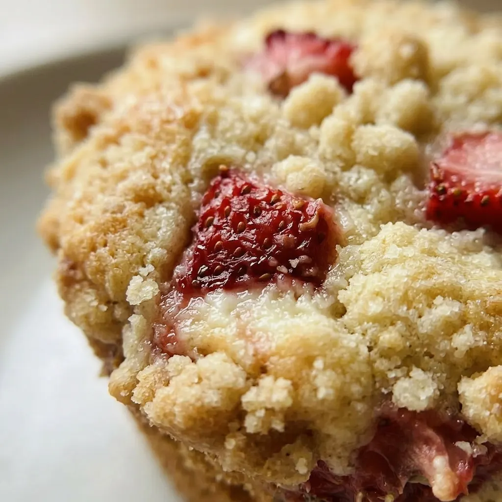 Up close, a muffin with visible cream cheese filling and strawberry pieces, butter and milk in the crumb.