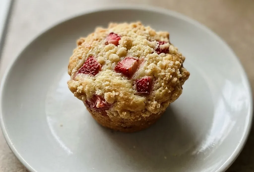 Looking down at a strawberry cream cheese muffin with a swirl of cream cheese and a strawberry slice on top.