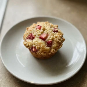 Looking down at a strawberry cream cheese muffin with a swirl of cream cheese and a strawberry slice on top.
