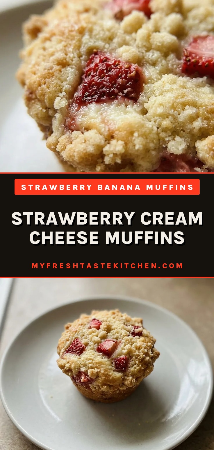 Looking down at a strawberry cream cheese muffin with a swirl of cream cheese and a strawberry slice on top.