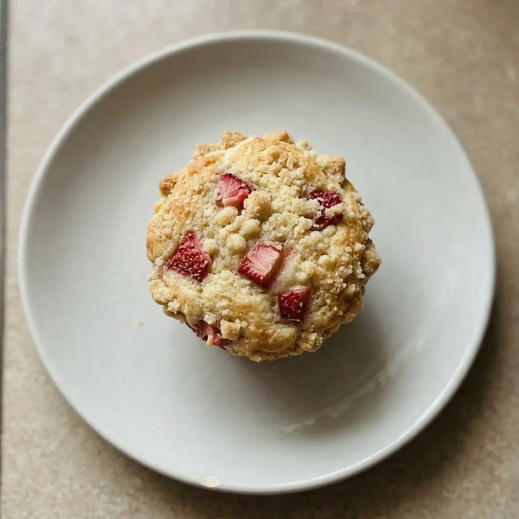 A plate of strawberry cream cheese muffins topped with a strawberry slice and cream cheese swirl.