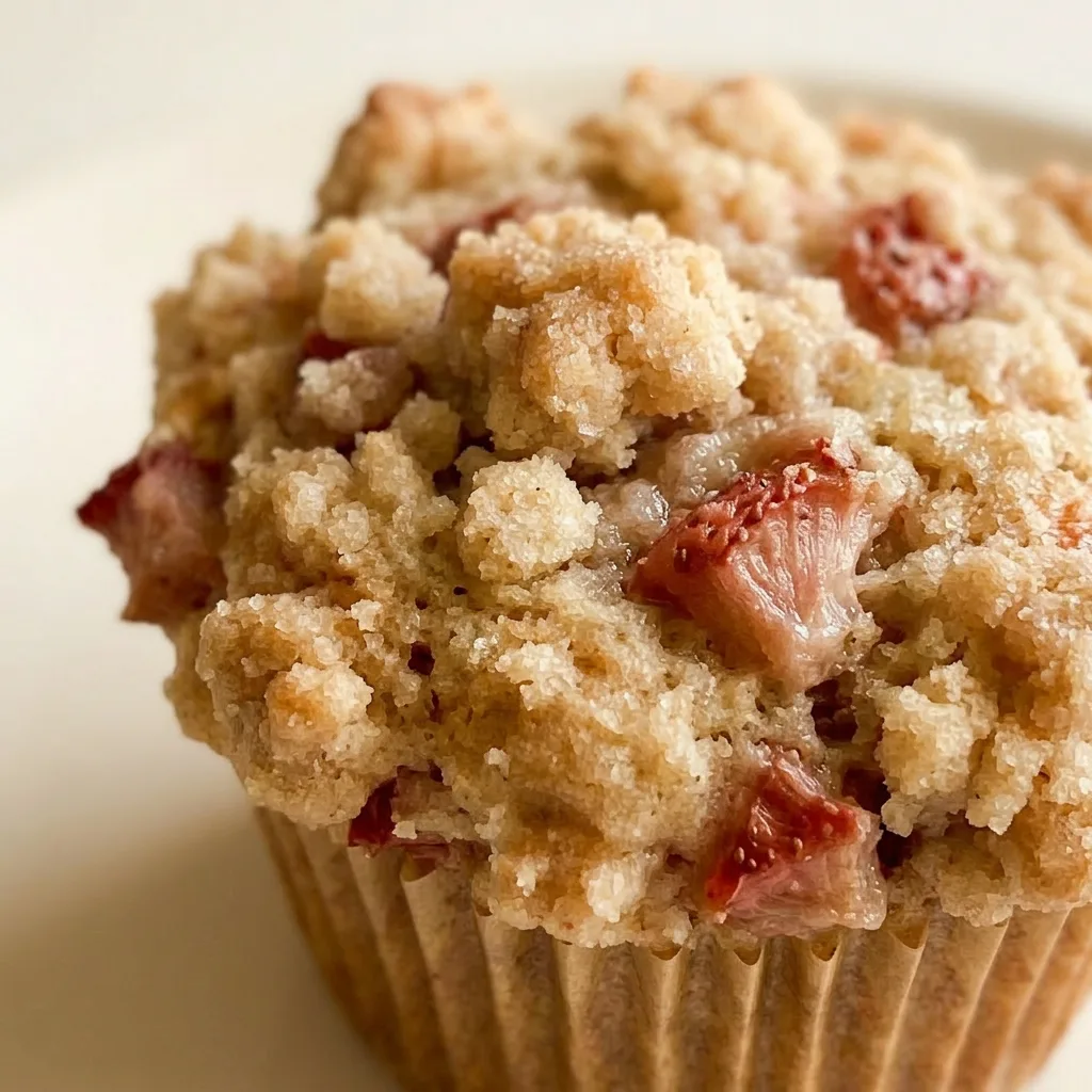 Close view of a muffin with visible strawberry pieces and lemon zest under a golden crumble topping.