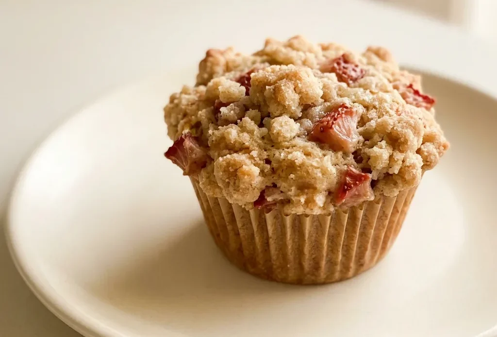Overhead shot of three strawberry lemon muffins with crumble topping on a white surface.