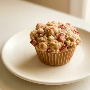 Overhead shot of three strawberry lemon muffins with crumble topping on a white surface.