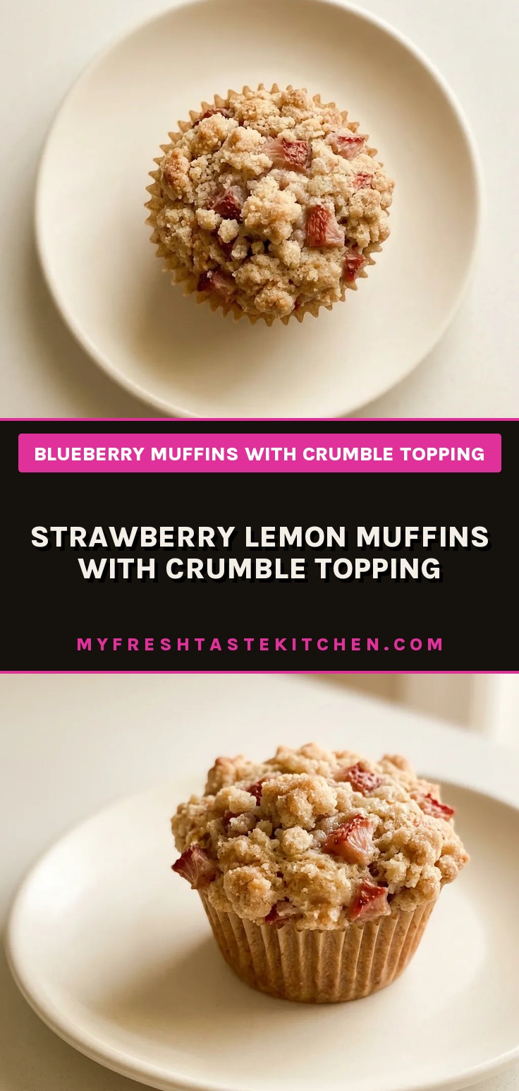 Overhead shot of three strawberry lemon muffins with crumble topping on a white surface.
