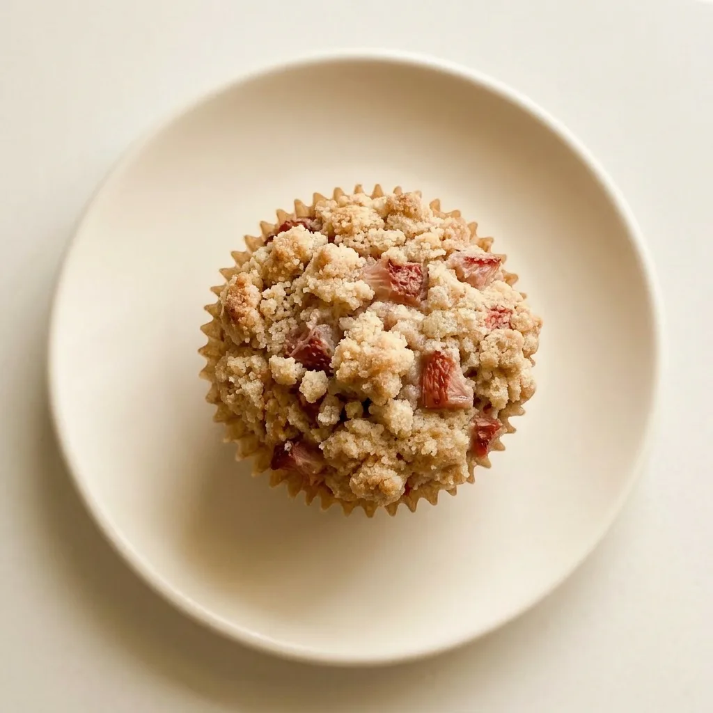 Plated muffin with crumble topping, strawberry chunks, and lemon glaze drizzle.