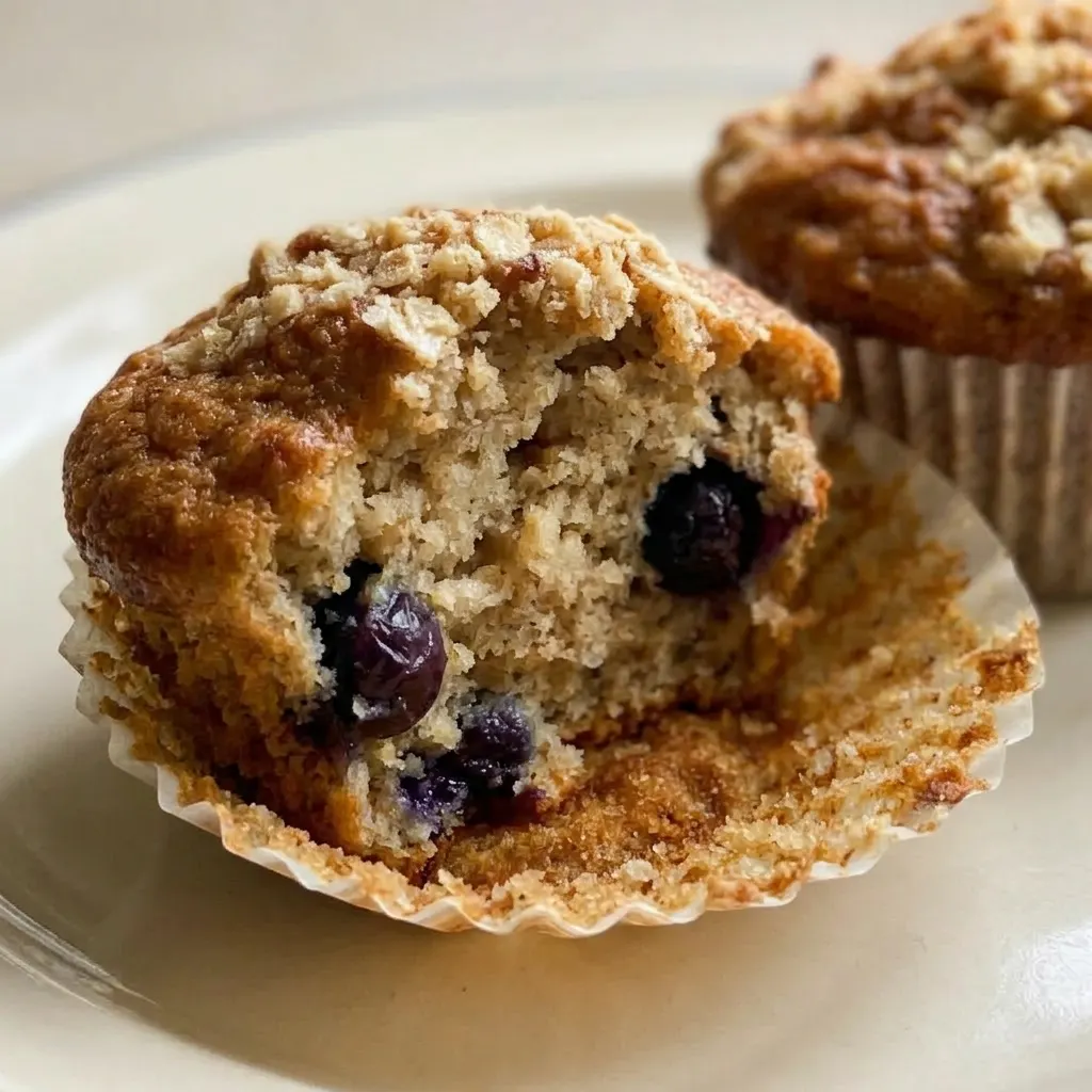 Up close, a muffin with a cracked top reveals moist crumb and banana pieces inside.