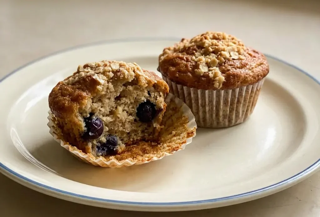 Looking down at three banana muffins with dark tops and visible banana chunks, on a light surface.