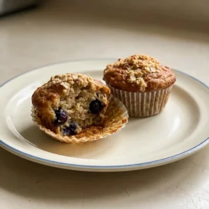 Looking down at three banana muffins with dark tops and visible banana chunks, on a light surface.