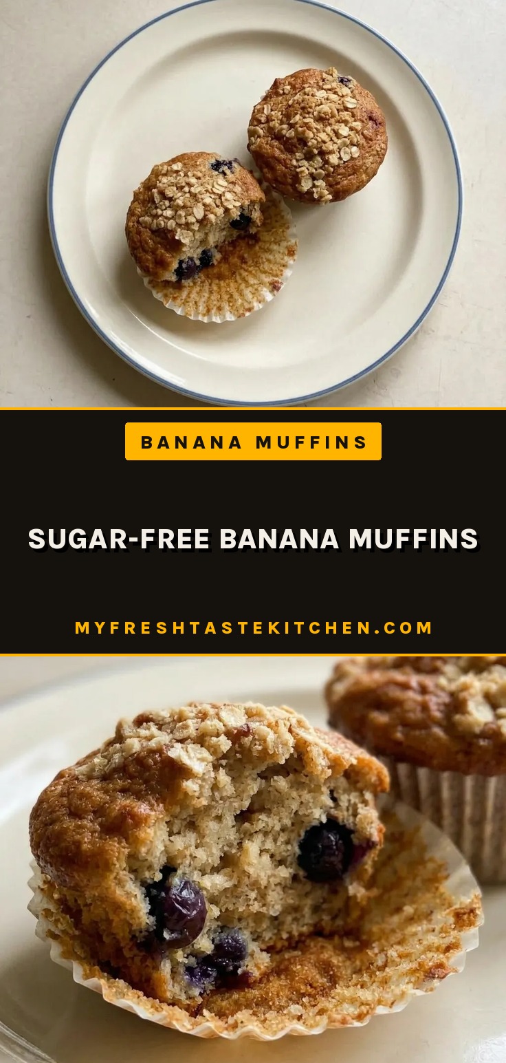 Looking down at three banana muffins with dark tops and visible banana chunks, on a light surface.