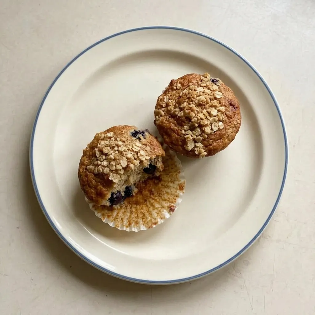 A plate of two banana muffins, one halved, showing soft interior and specks of banana.
