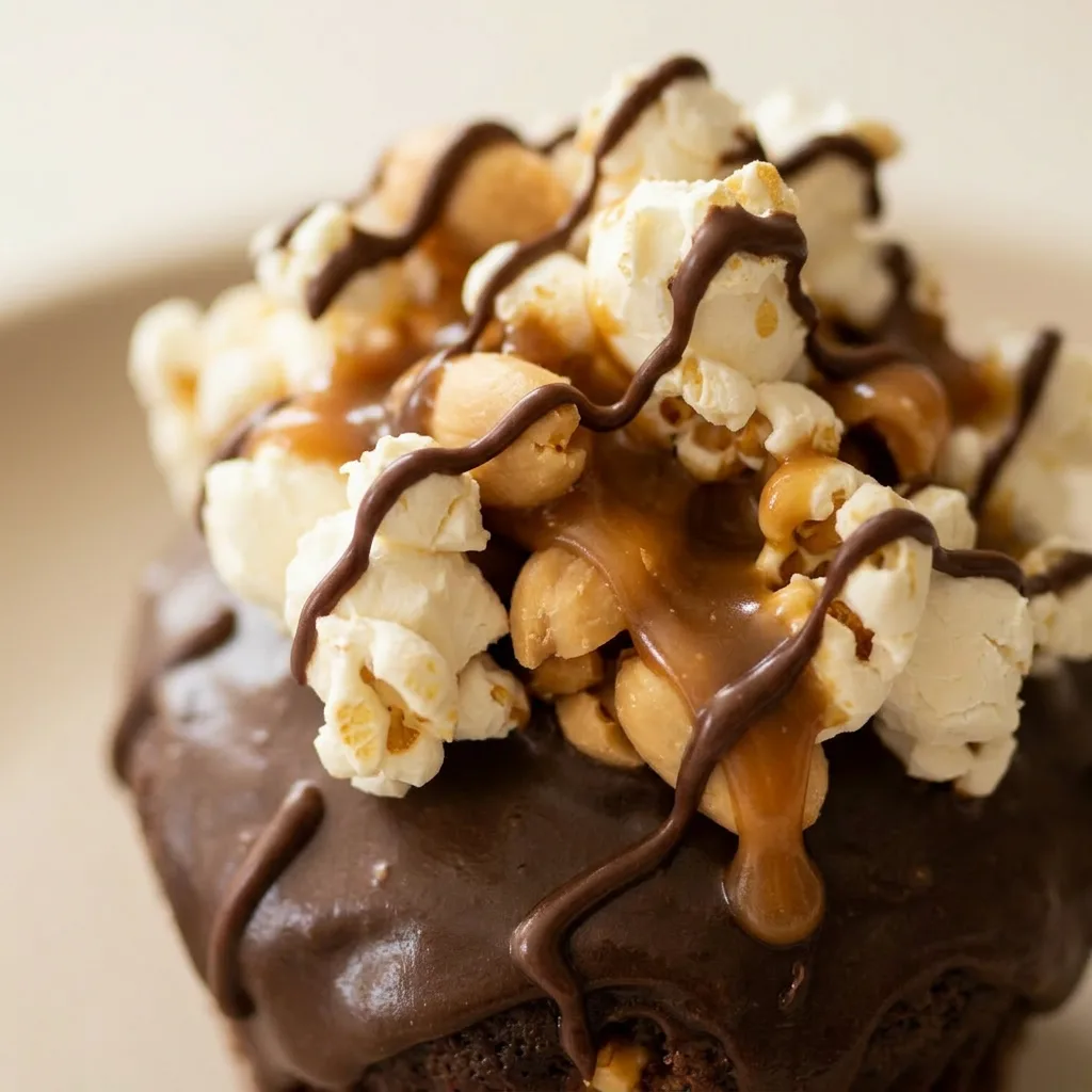 Zoomed in on a chocolate cupcake with caramel drizzle, chopped peanuts, and popcorn pieces.