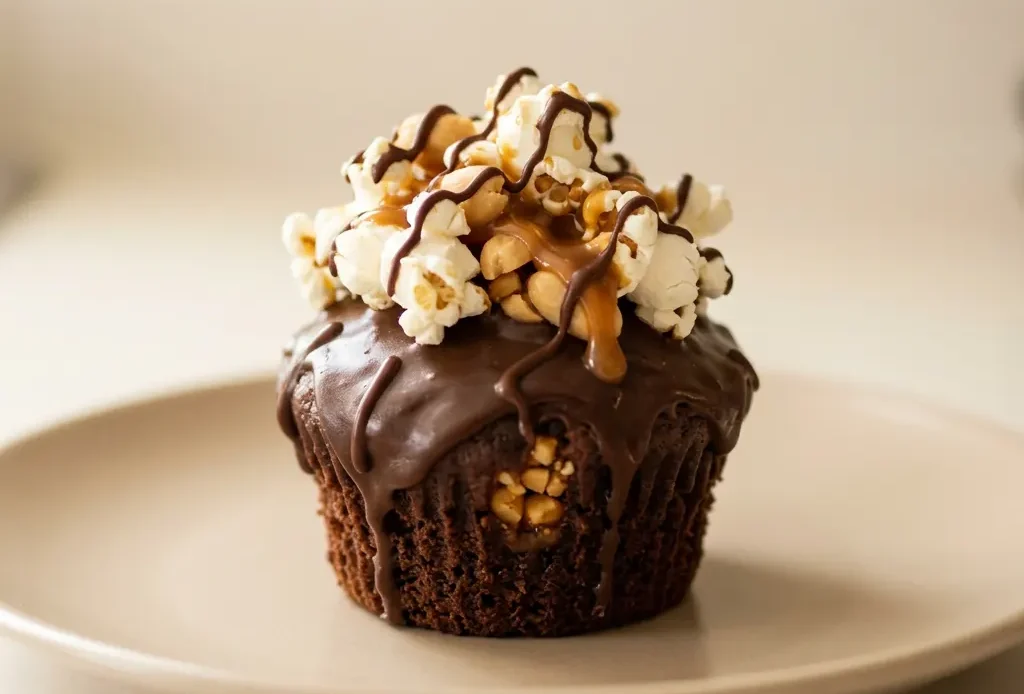 Bird's-eye view of a chocolate cupcake topped with peanuts, caramel, and popcorn.