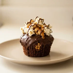Bird's-eye view of a chocolate cupcake topped with peanuts, caramel, and popcorn.