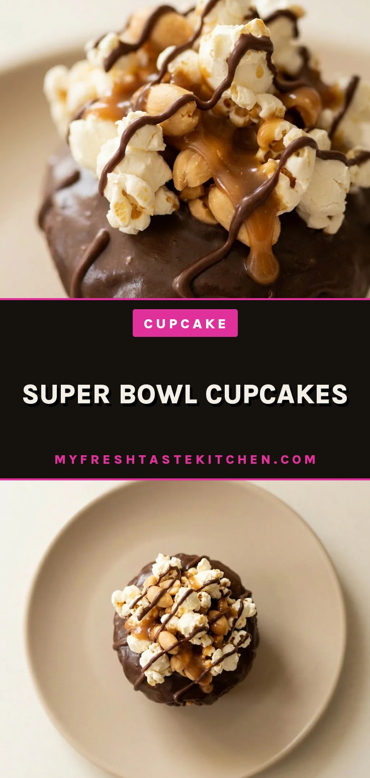Bird's-eye view of a chocolate cupcake topped with peanuts, caramel, and popcorn.