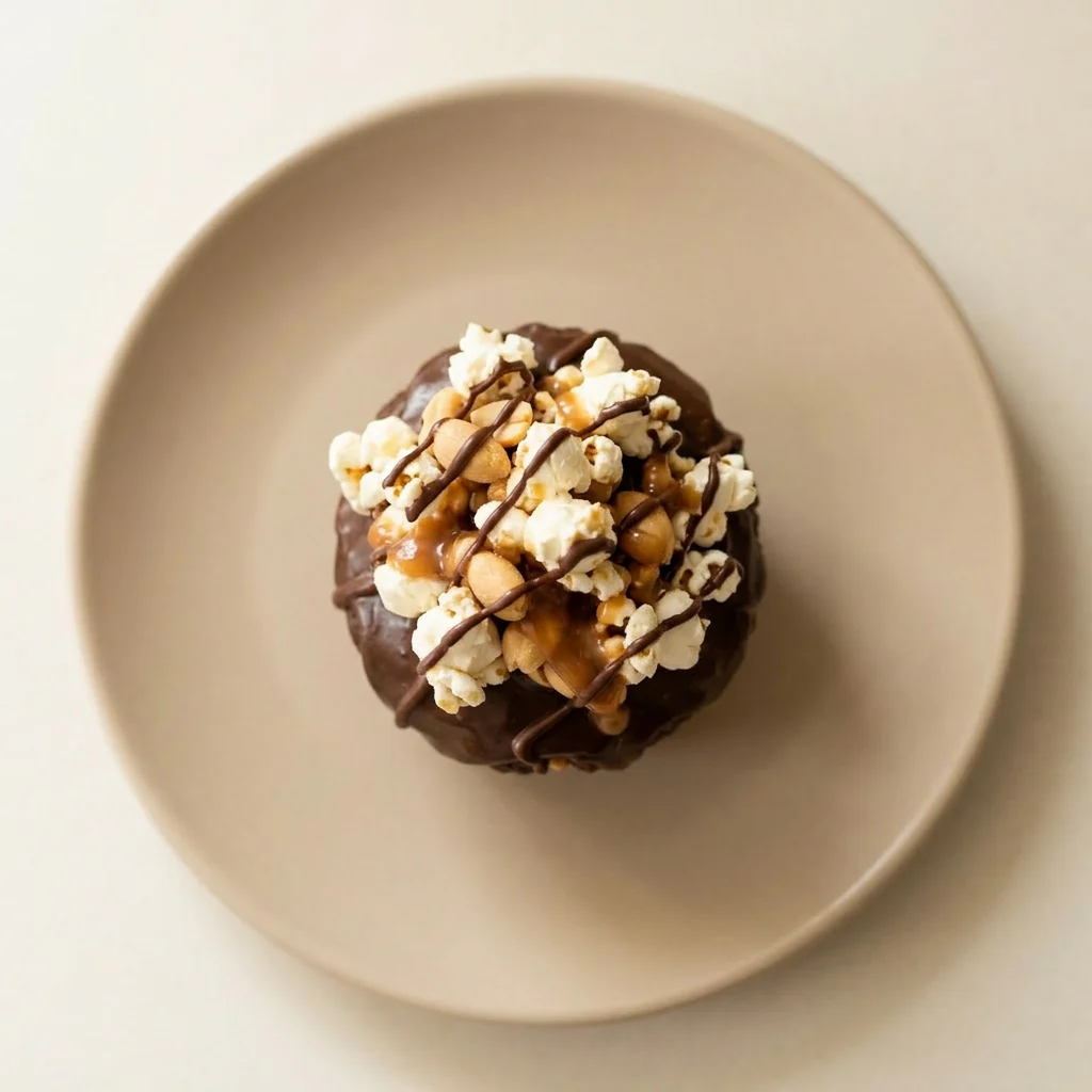 Ready to serve: chocolate cupcake with peanuts, caramel, and popcorn topping.