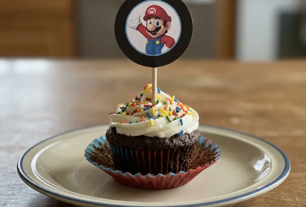 Bird's-eye view of a chocolate cupcake with vanilla frosting topped with rainbow sprinkles.
