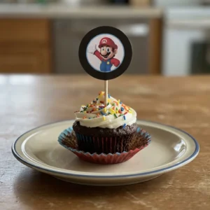 Bird's-eye view of a chocolate cupcake with vanilla frosting topped with rainbow sprinkles.