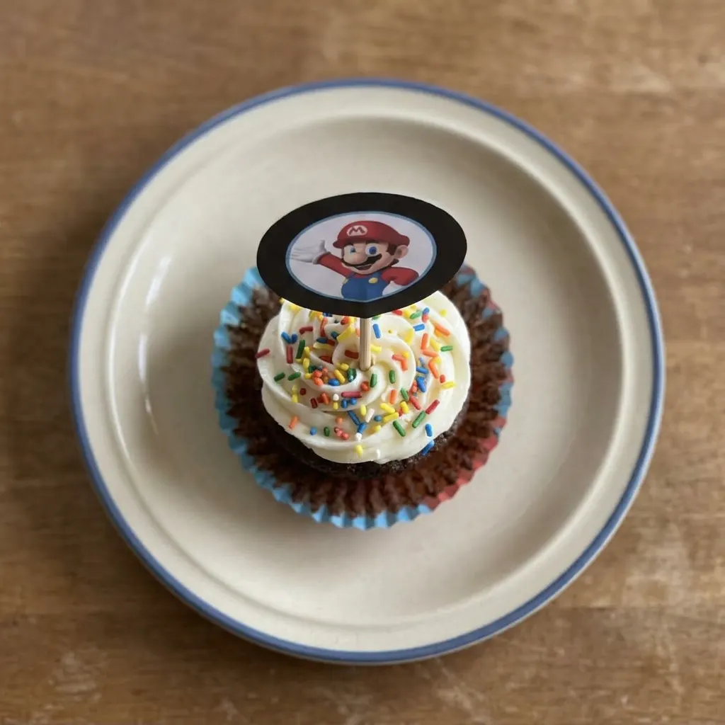 Ready to serve: a chocolate cupcake with vanilla frosting and rainbow sprinkles.