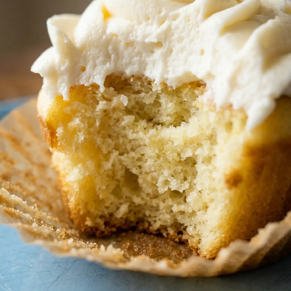 Zoomed in on a vanilla cupcake with swirls of buttercream frosting and a visible almond extract glaze.