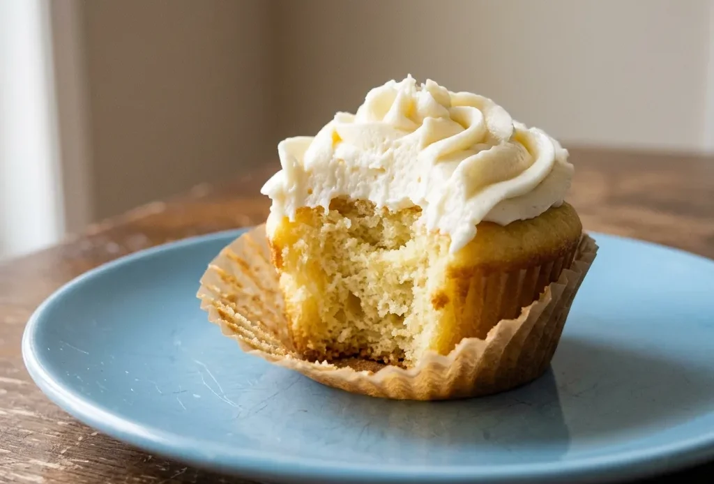 Bird's-eye view of three vanilla cupcakes with buttercream frosting, each topped with a single almond sliver.