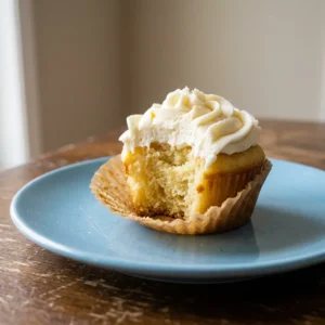 Bird's-eye view of three vanilla cupcakes with buttercream frosting, each topped with a single almond sliver.