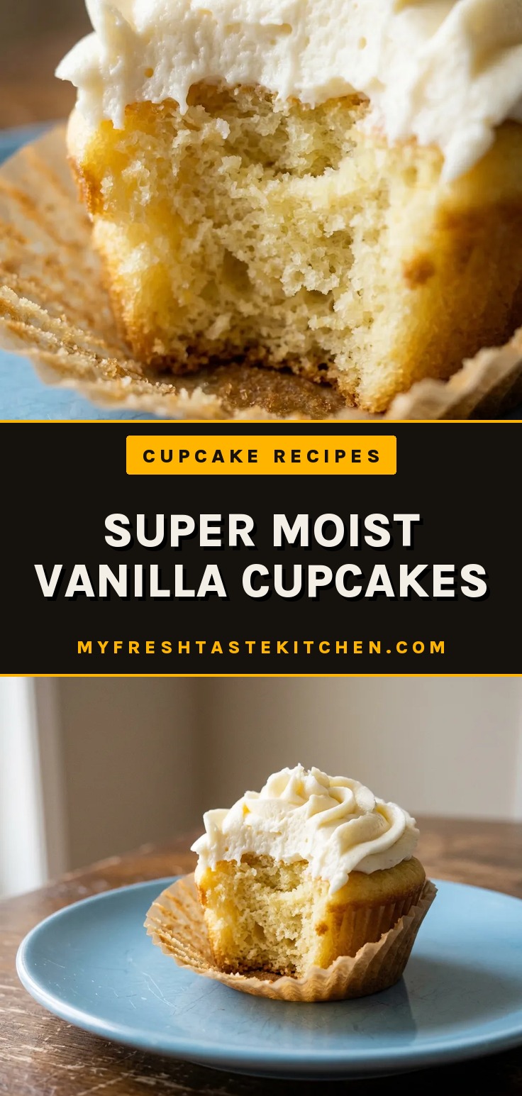 Bird's-eye view of three vanilla cupcakes with buttercream frosting, each topped with a single almond sliver.
