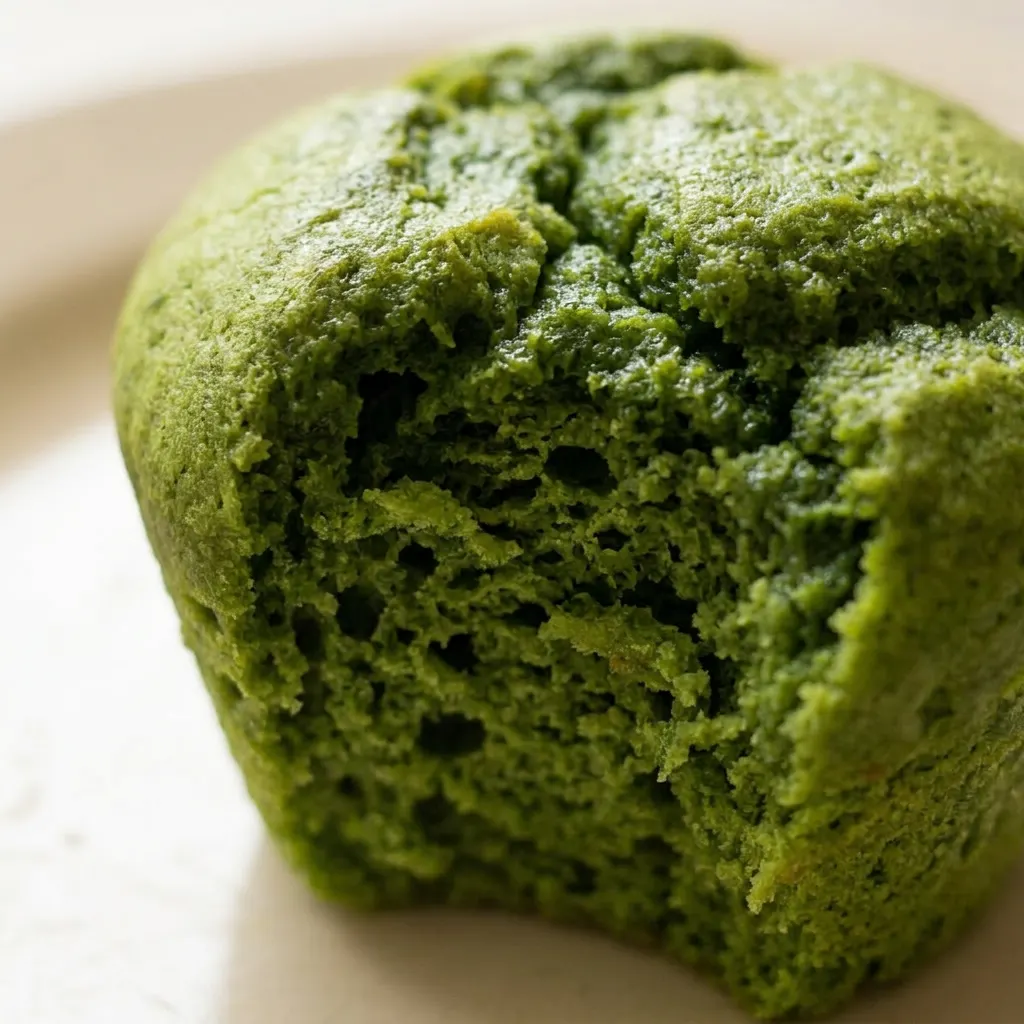 Macro detail of a spinach muffin crumb showing green flecks, with a cinnamon dusted banana slice.