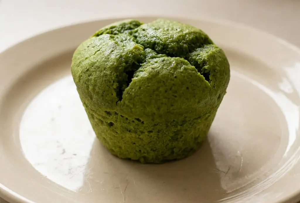 Top-down look at a spinach muffin with a banana slice and honey drizzle on top.