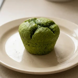 Top-down look at a spinach muffin with a banana slice and honey drizzle on top.