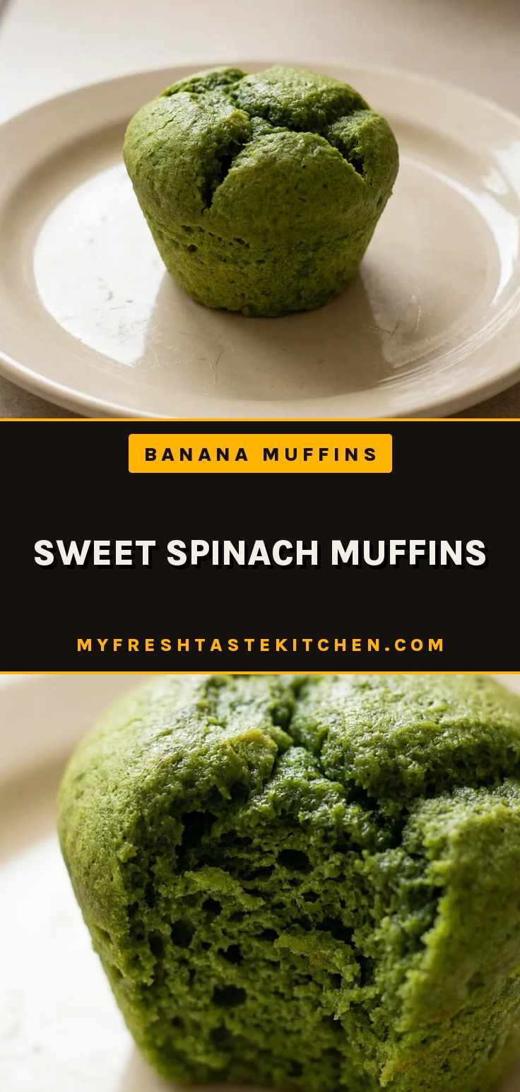 Top-down look at a spinach muffin with a banana slice and honey drizzle on top.