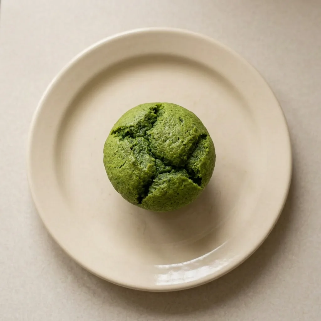 A serving of a spinach muffin topped with a honey-glazed banana slice and a pat of butter.