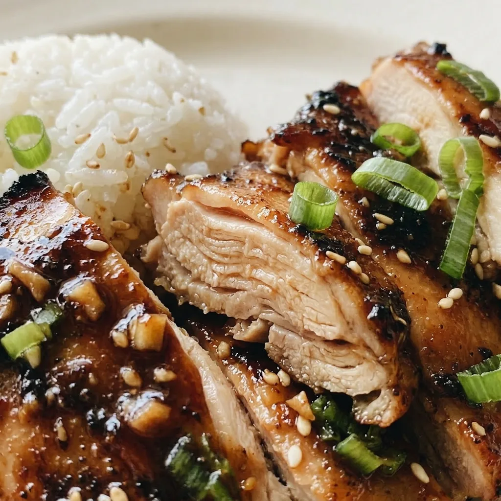 Up close, a glossy chicken thigh with charred edges, drizzled with thick teriyaki sauce and topped with sesame seeds.