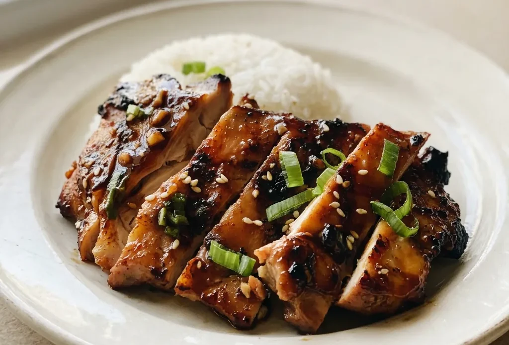 Looking down at glazed chicken thighs over rice, garnished with sesame seeds and sliced green onions.