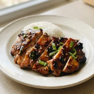 Looking down at glazed chicken thighs over rice, garnished with sesame seeds and sliced green onions.