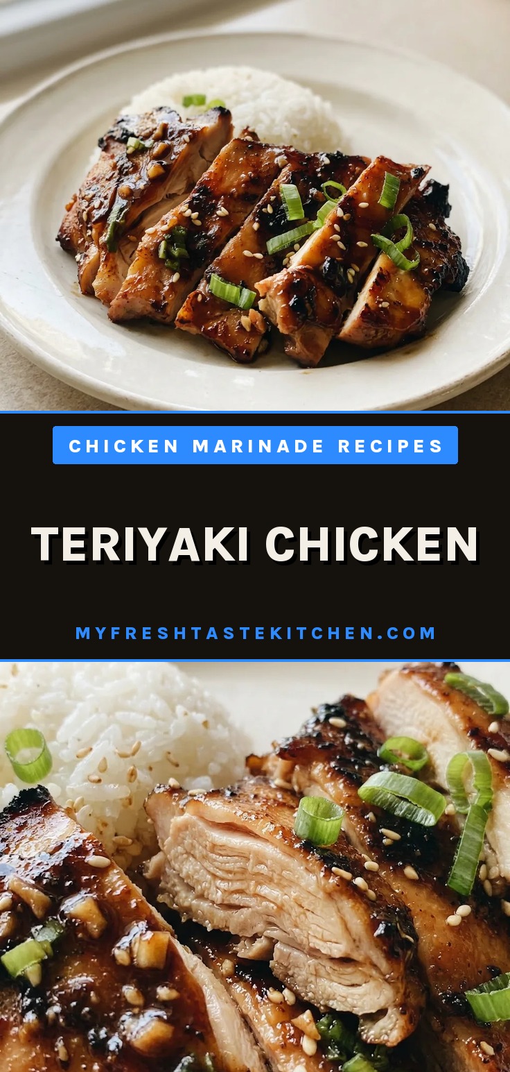 Looking down at glazed chicken thighs over rice, garnished with sesame seeds and sliced green onions.