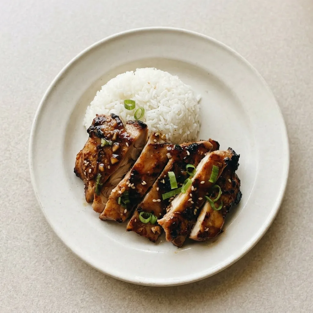 A plate of teriyaki chicken thighs on a bed of white rice, sprinkled with sesame seeds and scallions.