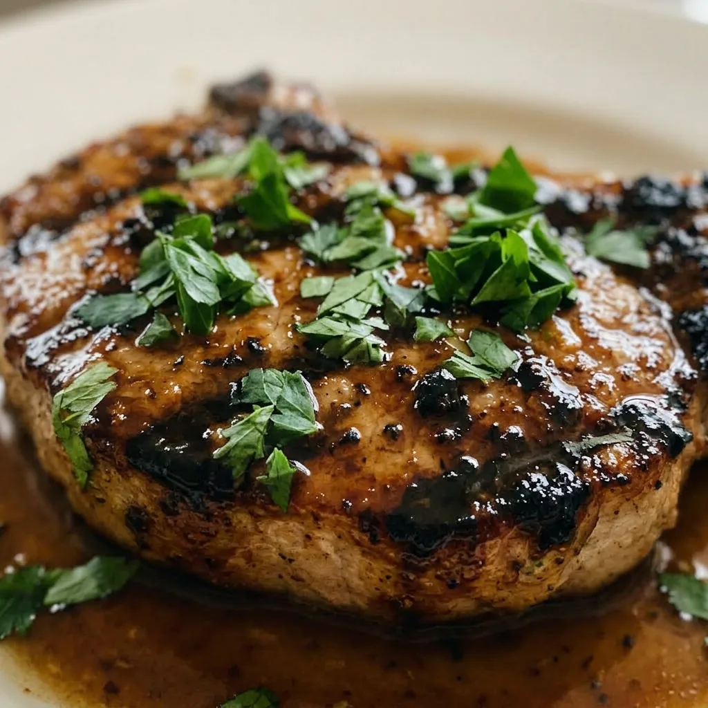 Up close, a pork chop with visible char marks, glistening with olive oil and soy sauce-based marinade.