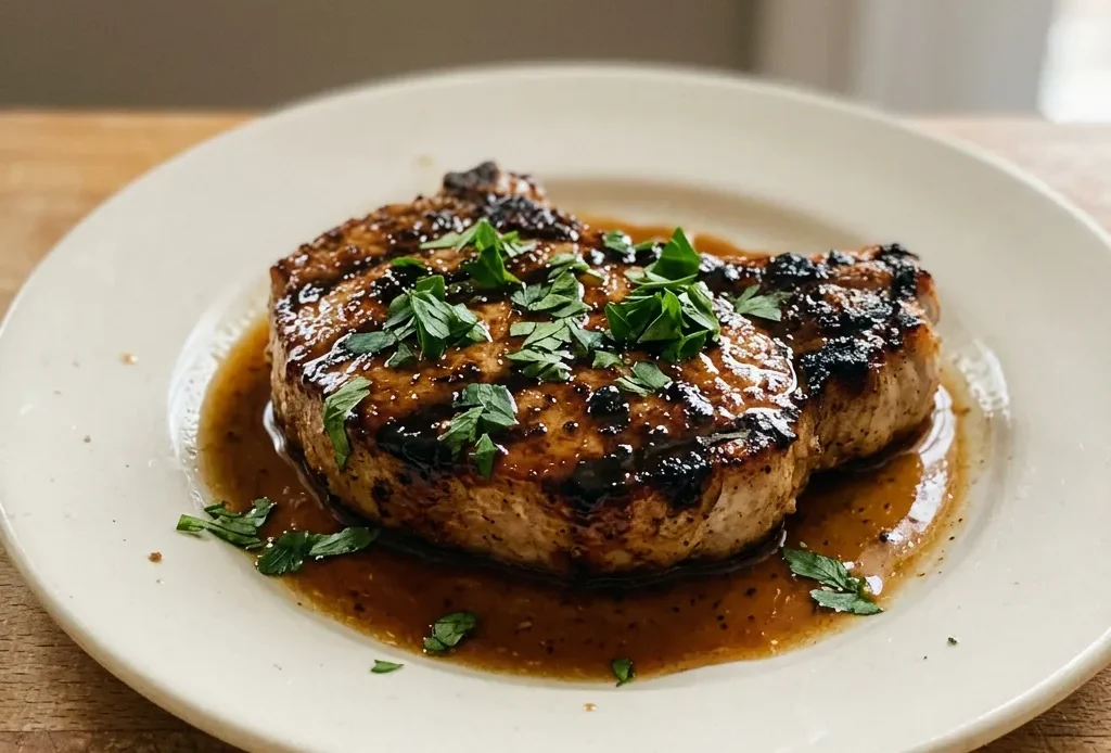 Looking down at two grilled pork chops with a glossy brown glaze, seasoned with black pepper and garlic powder.