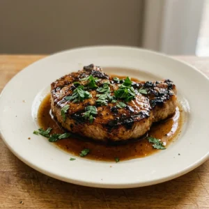 Looking down at two grilled pork chops with a glossy brown glaze, seasoned with black pepper and garlic powder.